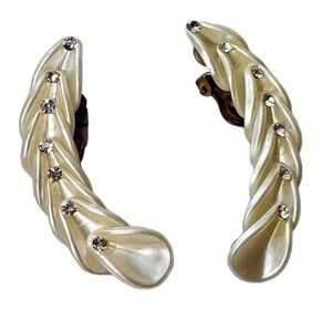 Vintage Ivory Clip In Ear Crawler Earrings with Rhinestones Glam Retro